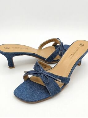 Vintage Expressions Denim Kitten Heel Mules Slides Size 8.5 Y2K Blue Bow Details